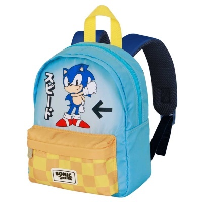 Mochila azul clara com imagem do Sonic e bolso amarelo xadrez