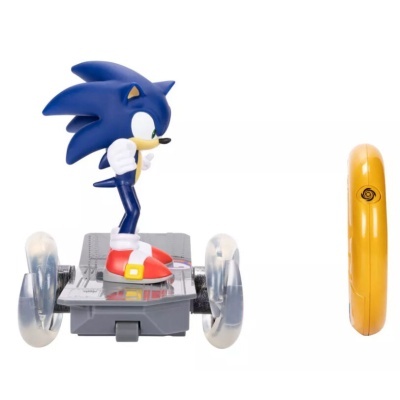 Figura colecionável Sonic azul com sapatos vermelhos numa base com rodas