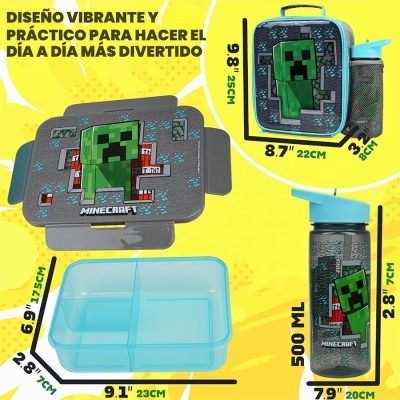 Conjunto lancheira e garrafa Minecraft com personagem Creeper e recipiente plástico azul