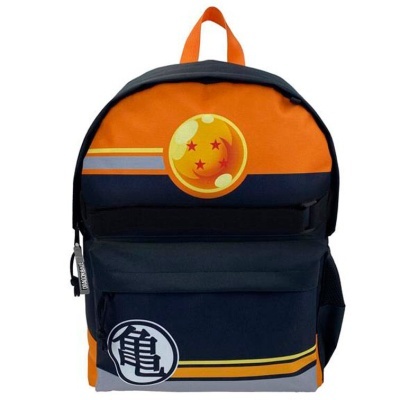 Mochila laranja e preta com símbolo japonês e esfera amarela com estrelas vermelhas.