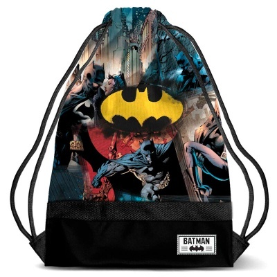 Mochila saco Batman com estampas coloridas e logo no centro