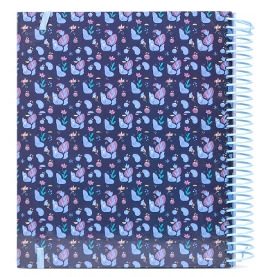 Caderno espiral com padrão de raposas e flores em azul e rosa