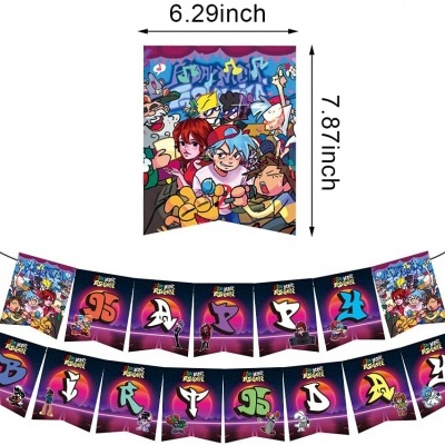 Banderines coloridos com personagens de desenho animado e texto em inglês