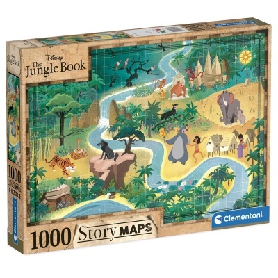 Caixa de puzzle Disney The Jungle Book 1000 peças Clementoni com ilustração colorida do mapa da selva