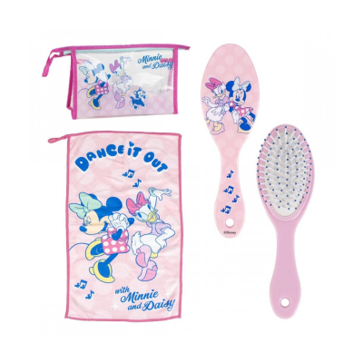 Conjunto rosa Minnie e Daisy com bolsa, toalha e escova de cabelo