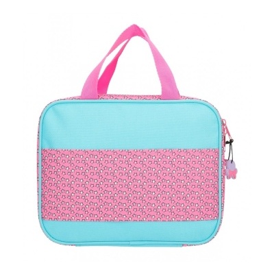 Bolsa azul e rosa com flores pequenas, alças e fecho com estrelas rosa