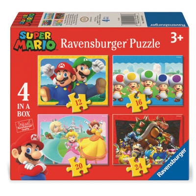 Caixa de puzzle Ravensburger Super Mario com 4 puzzles coloridos para crianças 3+