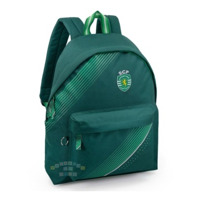 Mochila verde com logo SCP Sporting Clube de Portugal e riscas diagonais