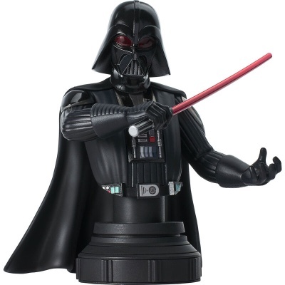 Busto de Darth Vader preto com sabre de luz vermelho