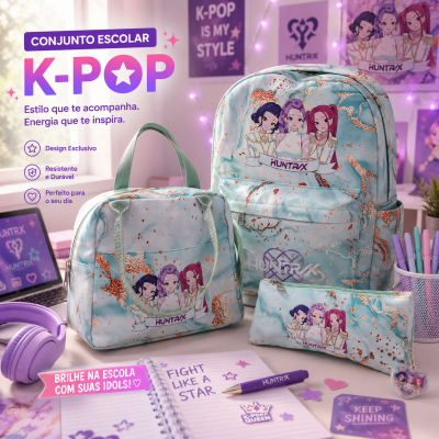 Conjunto escolar K-POP com mochila, saco e estojo em tecido azul claro com padrão marmoreado laranja e ilustrações de personagens