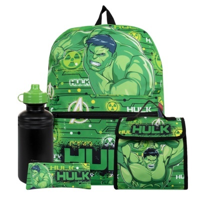 Conjunto mochila, estojo, carteira e garrafa com tema Hulk em verde e preto