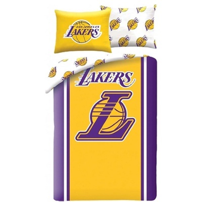 Conjunto de cama amarelo e roxo com logótipos Los Angeles Lakers em almofadas e edredão