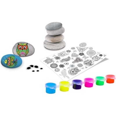 Conjunto para pintar pedras com tintas coloridas, pedras decoradas com desenhos, folhas de desenhos para pintar e olhos autocolantes.