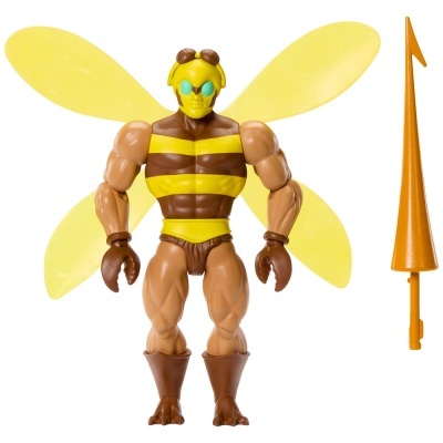 Boneco de ação com roupa de abelha e asas amarelas com arma laranja