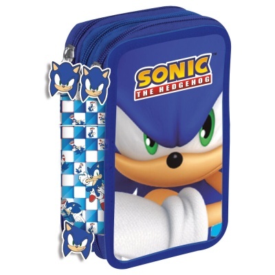 Estojo escolar azul com estampa do Sonic e fechos com puxadores da cara dele.