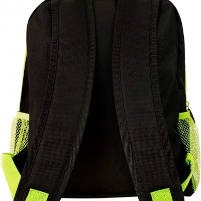 Mochila preta com detalhes em verde fluorescente vista de trás