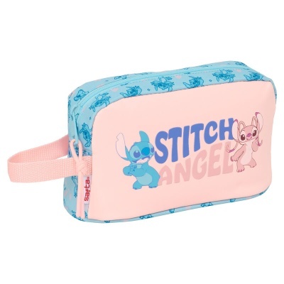 Necessaire azul claro e rosa com personagens Stitch e Angel e texto STITCH ANGEL
