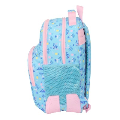 Mochila azul clara com padrão colorido, bolsos e fechos rosa