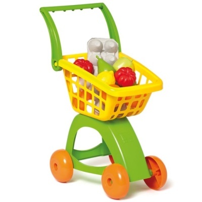 Carrinho de compras de brinquedo com frutas coloridas e caixa de ovos em plástico