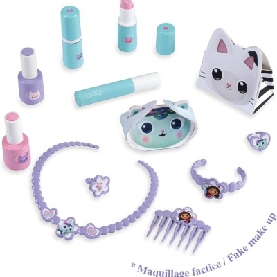 Conjunto infantil de maquilhagem falsa com acessórios coloridos e embalagem em forma de gato