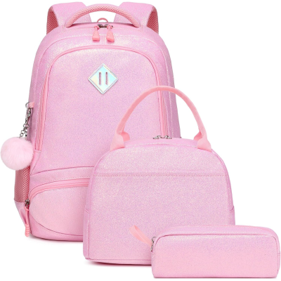 Conjunto rosa de mochila, carteira e estojo brilhantes com pompom e aplique