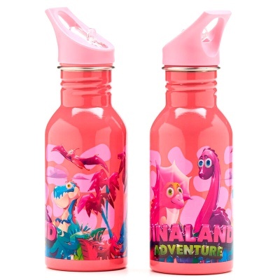 Dupla de garrafas infantis metálicas cor de rosa com desenho de dinossauros