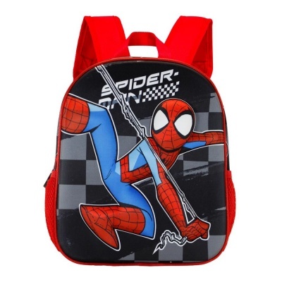 Mochila vermelha com imagem do Homem-Aranha e texto SPIDER-MAN