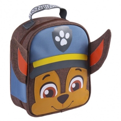Mochila infantil azul e castanha com orelhas e rosto de cão desenhado
