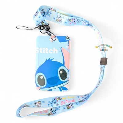 Porta-cartão azul com personagem Stitch e cordão decorado