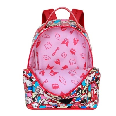 Mochila colorida Hello Kitty com interior rosa e alças vermelhas