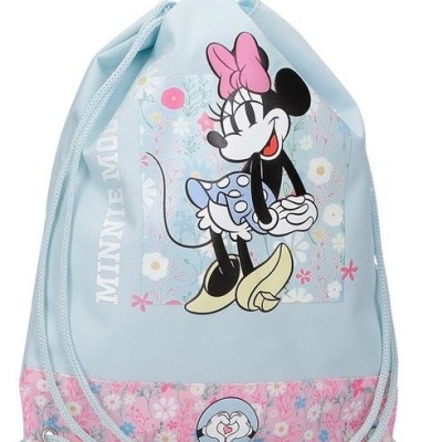 Mochila saco azul clara com estampa da Minnie Mouse e padrão floral rosa