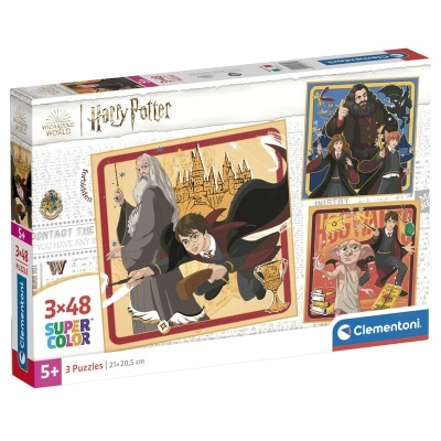 Caixa de puzzles Harry Potter com 3 puzzles coloridos de 48 peças cada