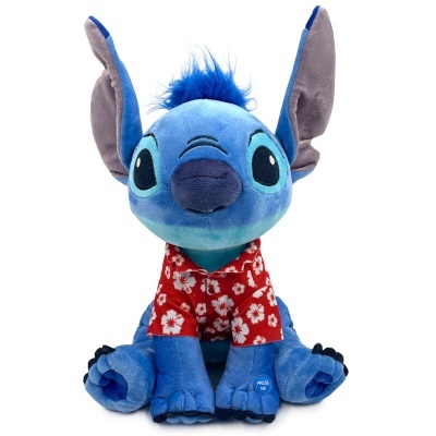 Pelúcia da personagem Stitch azul com camisa vermelha de flores
