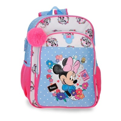 Mochila infantil azul e rosa com estampa da Minnie Mouse e pompom rosa