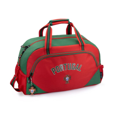 Mala de viagem desporto vermelho e verde com texto Portugal e brasão nacional