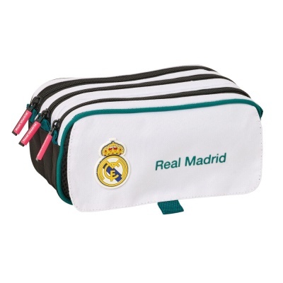 Estojo escolar Real Madrid branco e preto com três compartimentos e logo em destaque