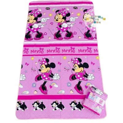 Cobertor infantil rosa com estampa da Minnie Mouse e desenhos coloridos