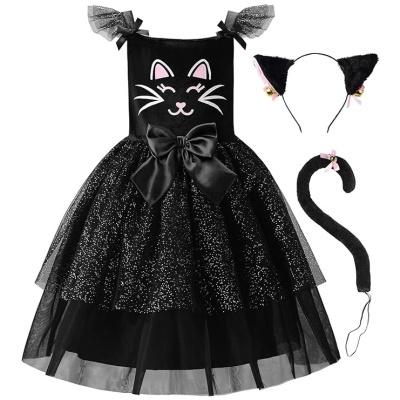 Vestido preto infantil com rosto de gato, tule brilhante, laço grande, arco com orelhas e cauda de gato