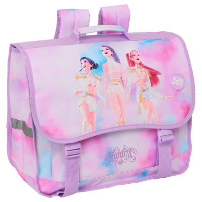 Mochila escolar lilás com ilustração de três personagens femininas e textos KPOP DEMON HUNTERS e HUNTERS