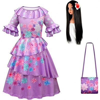 Vestido roxo infantil com flores, peruca preta com flor e mala pequena correspondente