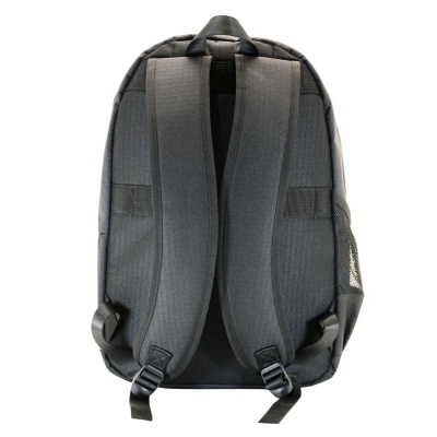 Mochila cinza escuro vista de trás com alças acolchoadas e alça superior