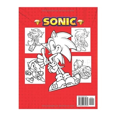 Capa vermelha de livro para colorir do Sonic com várias imagens a preto e branco do personagem.