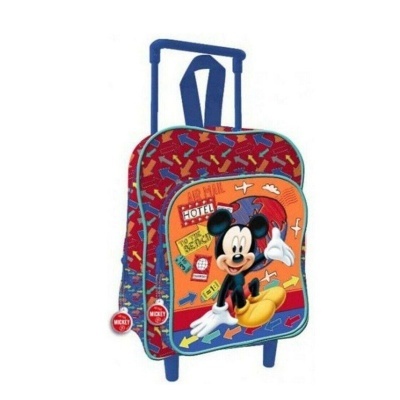 Mala de criança vermelha com padrão colorido e imagem do Mickey Mouse no bolso frontal