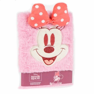 Caderno peludo rosa com capa da Minnie Mouse e laço com bolinhas