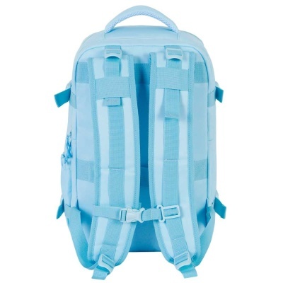 Mochila azul clara vista traseira com alças acolchoadas e fivelas