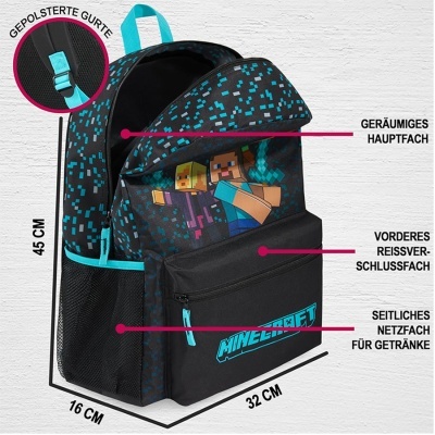 Mochila preta e azul com personagens do Minecraft e bolso frontal com texto MINECRAFT