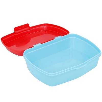 Recipiente de plástico azul com tampa vermelha aberta