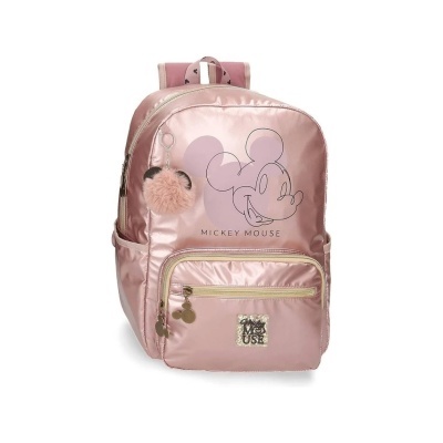 Mochila rosa metálica com estampa do Mickey Mouse e pompom