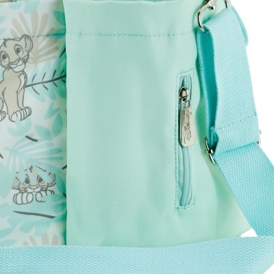 Bolsa azul claro com fecho e padrão de personagens Disney no interior