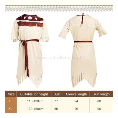 Vestido infantil creme com detalhes castanhos e franjas, vista frontal e traseira, tabela de tamanhos